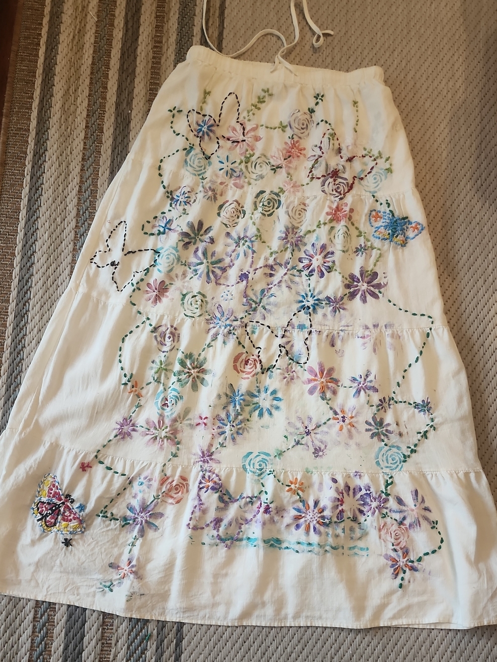 Hand-Embroidered White Floral & Butterfly Maxi Skirt